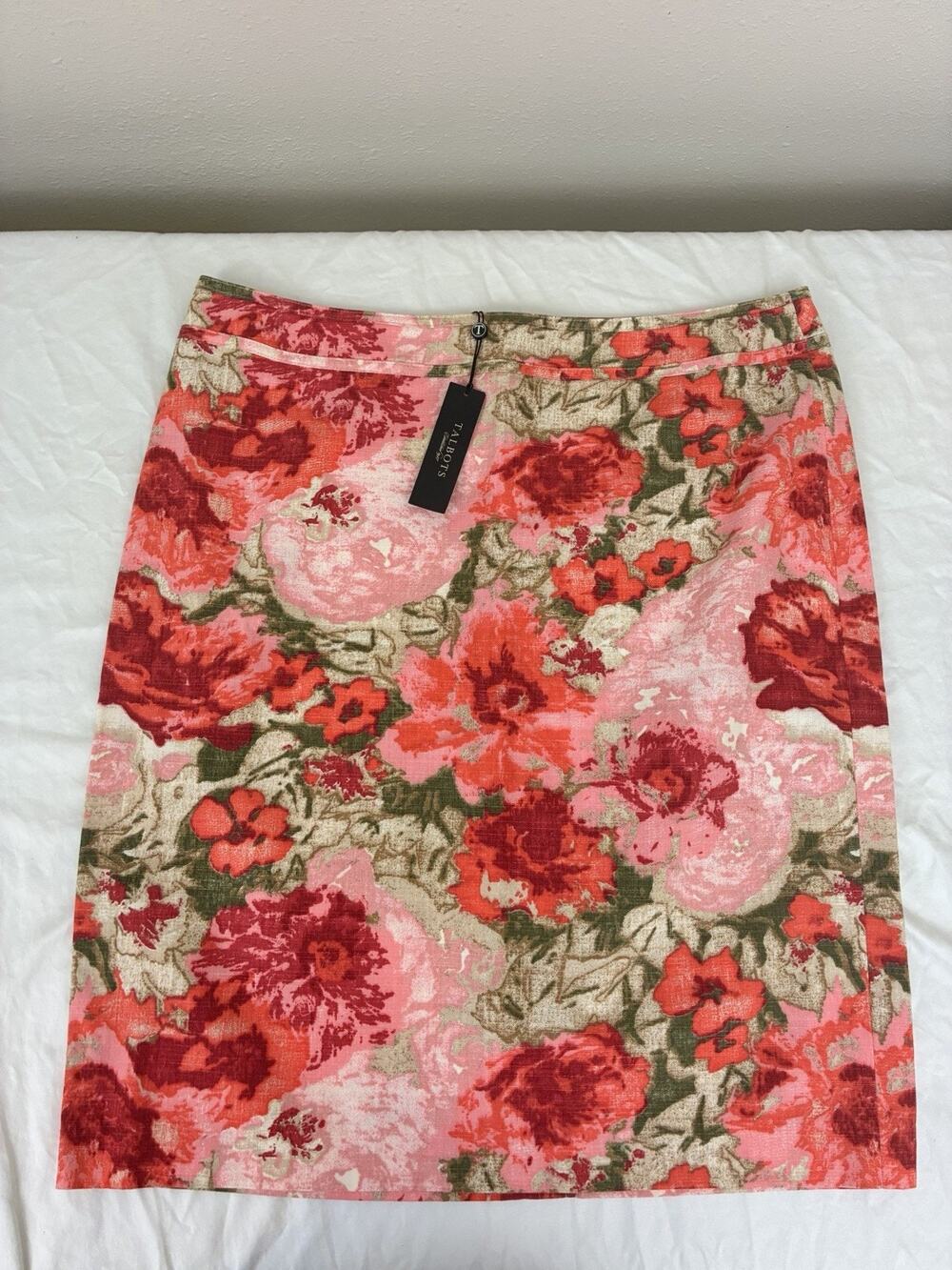 Talbots NWT Floral Pencil Skirt Size 16 Pink, Orange & Rose Garden 100% Cotton